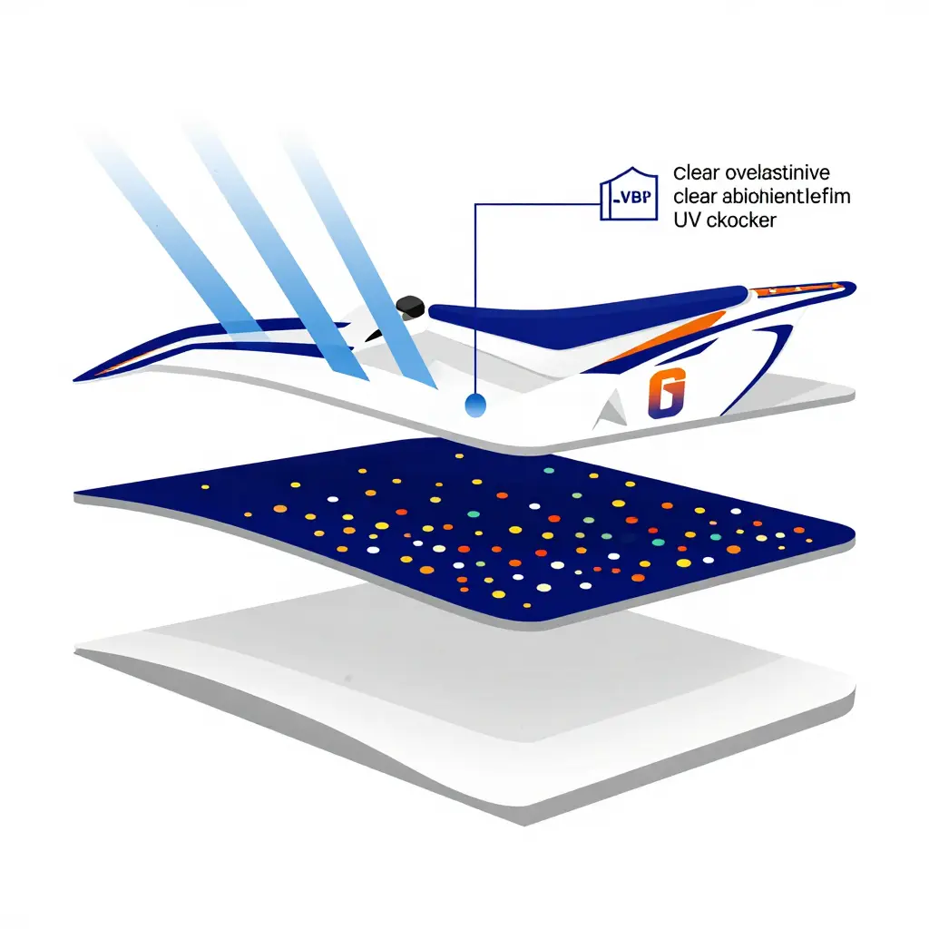 Cross-section diagram of a printed vinyl graphic showing an overlaminate layer, ink layer, and vinyl base film, with angled UV rays striking the top