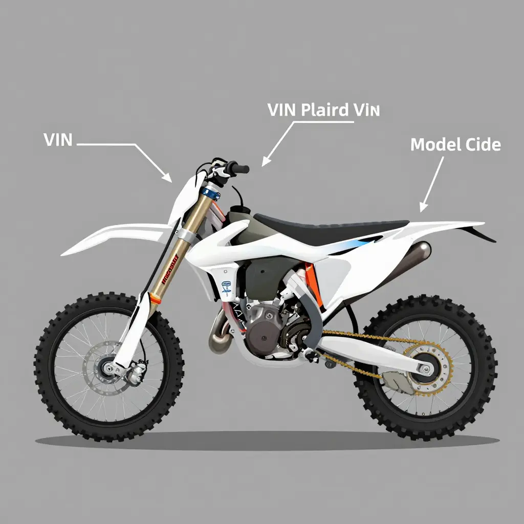 Diagram of a dirt bike showing the VIN plate, frame stamp, and model code sticker locations