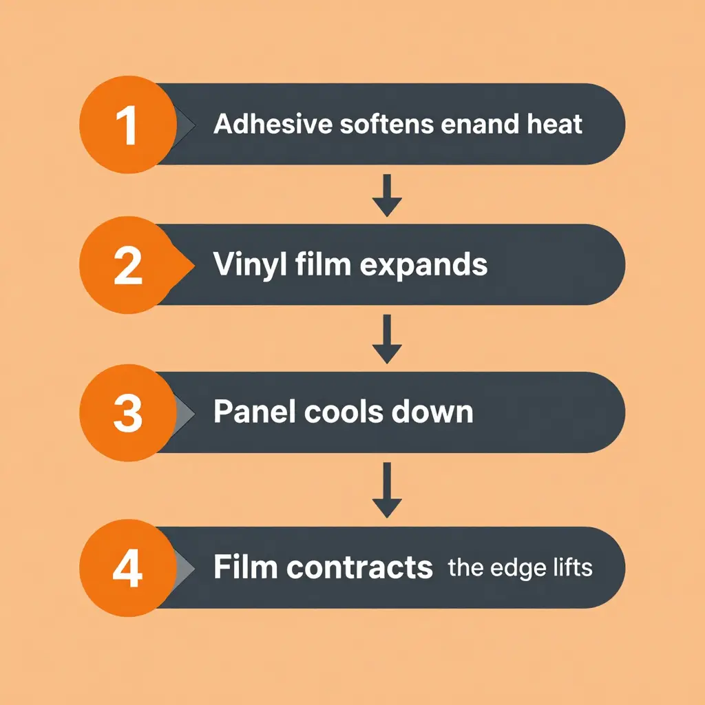Diagram of the four-step thermal cycle that lifts a dirt bike graphics kit edge near the exhaust side panel