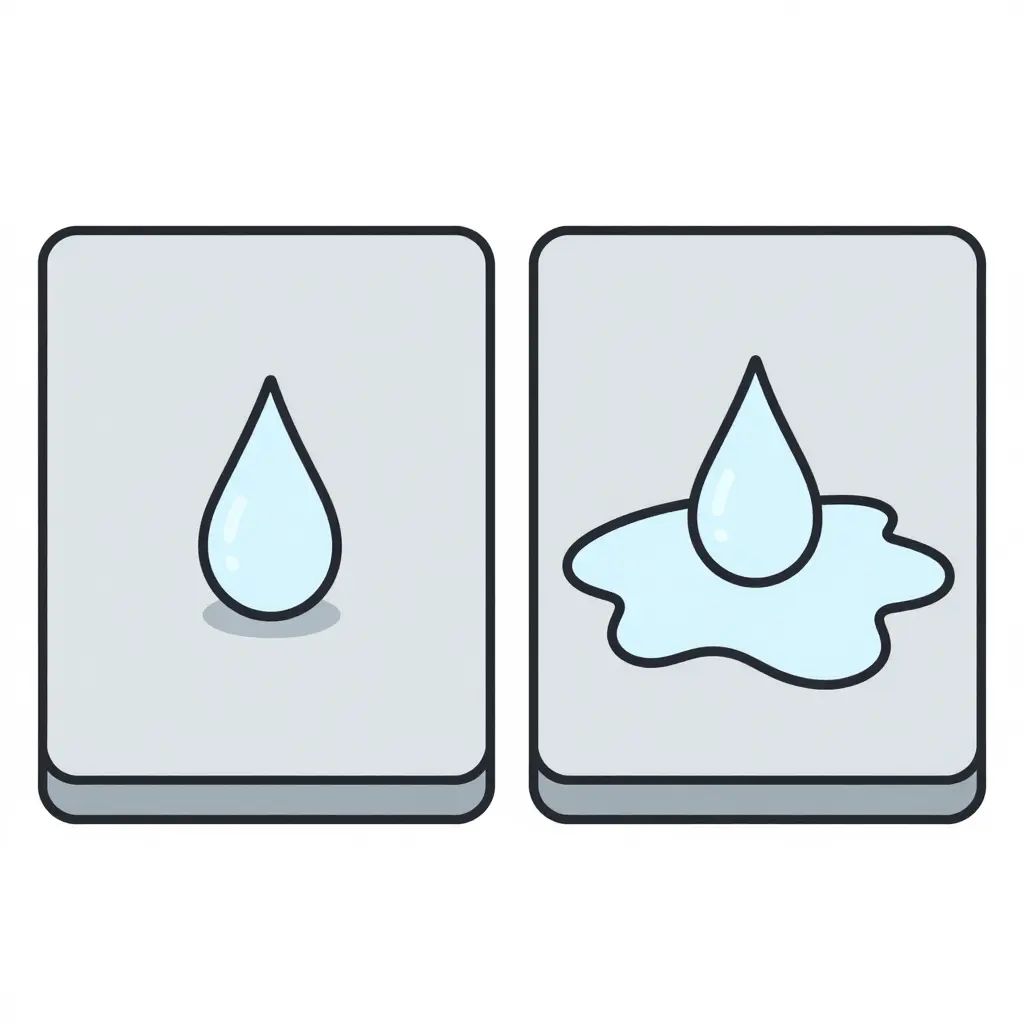 Schematic showing a beaded droplet with a high contact angle on a low-energy polypropylene surface beside a spread-out, fully wet-out droplet with a low contact angle on a treated high-energy surface