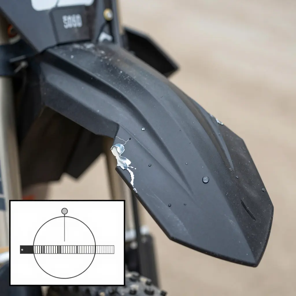 A dirt bike polypropylene shroud with lifting vinyl graphics and a diagram showing high contact-angle droplets on a low surface energy plastic
