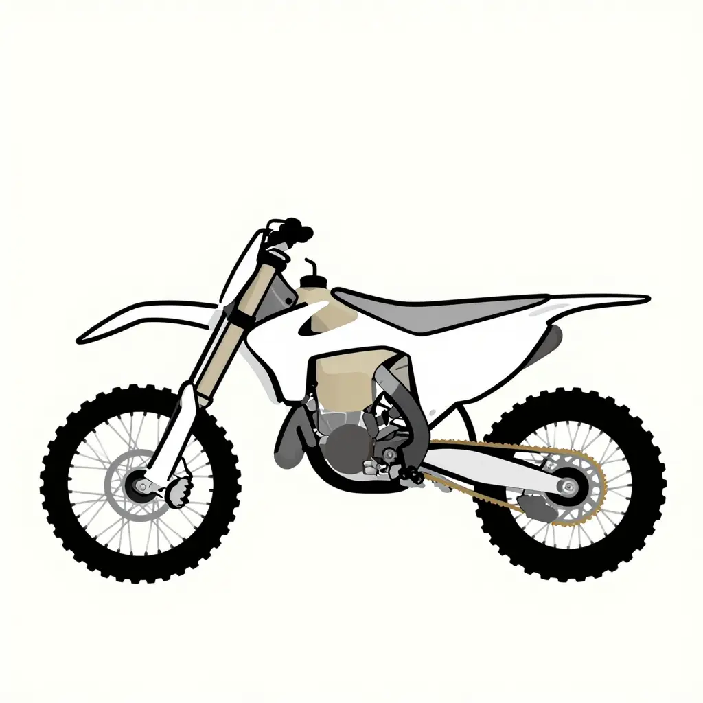 Side-profile line-art diagram of a dirt bike showing the four high-wear contact zones where boots rub, with shaded regions marking the frame guard, radiator shroud, subframe edge, and swingarm heel.