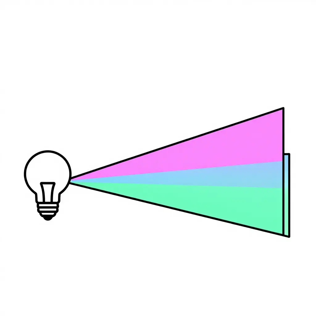 Flat 2D schematic showing a light source (left) striking a flat holographic vinyl film layer, with two reflected beams leaving at different angles that end in two distinct spectral bands - one shifted magenta-pink and one cyan-green - illustrating how the reflected hue changes with viewing angle.