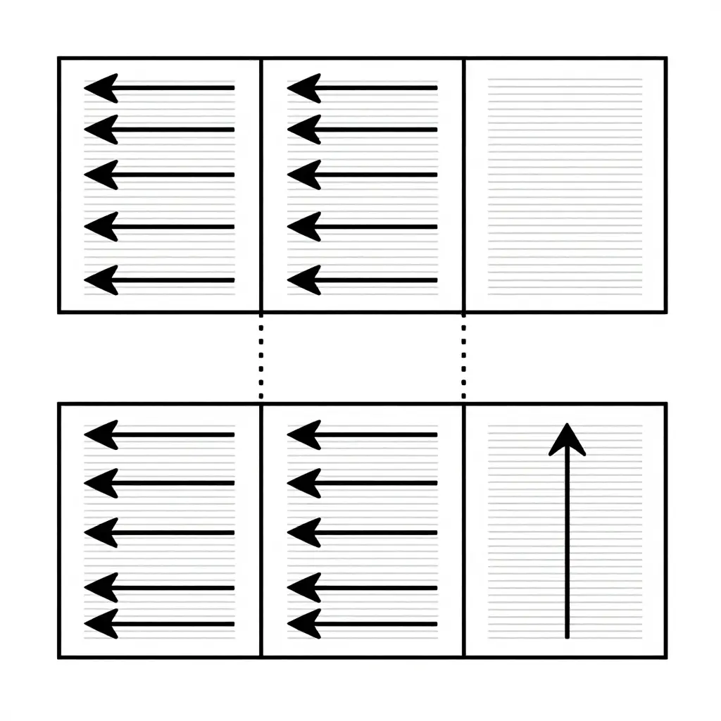 Flat 2D schematic showing three dirt bike panels side by side across a shroud seam, with parallel grain-direction arrows above each panel - top row matched in one direction, bottom row pointing different ways to show misaligned roll grain