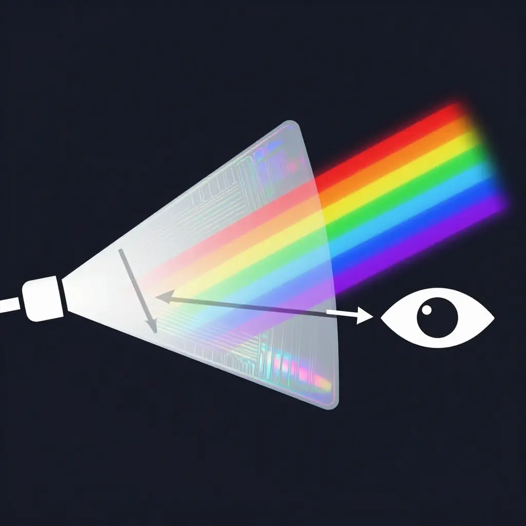 Diagram of light splitting into a rainbow spectrum as it hits a holographic vinyl diffraction layer