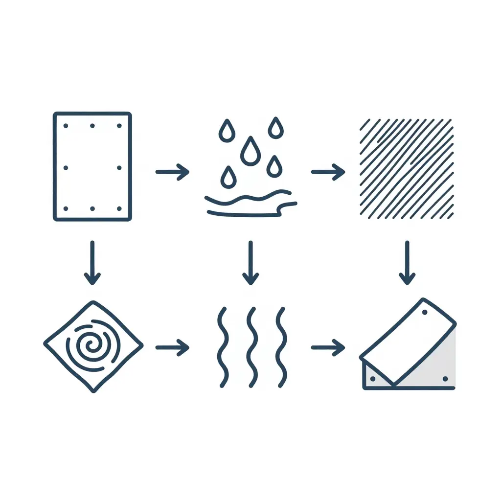 Flat 2D process diagram showing the left-to-right surface prep workflow: clean, degrease, abrade lightly, wipe with isopropyl alcohol, dry, and apply, each stage as a simple icon connected by arrows