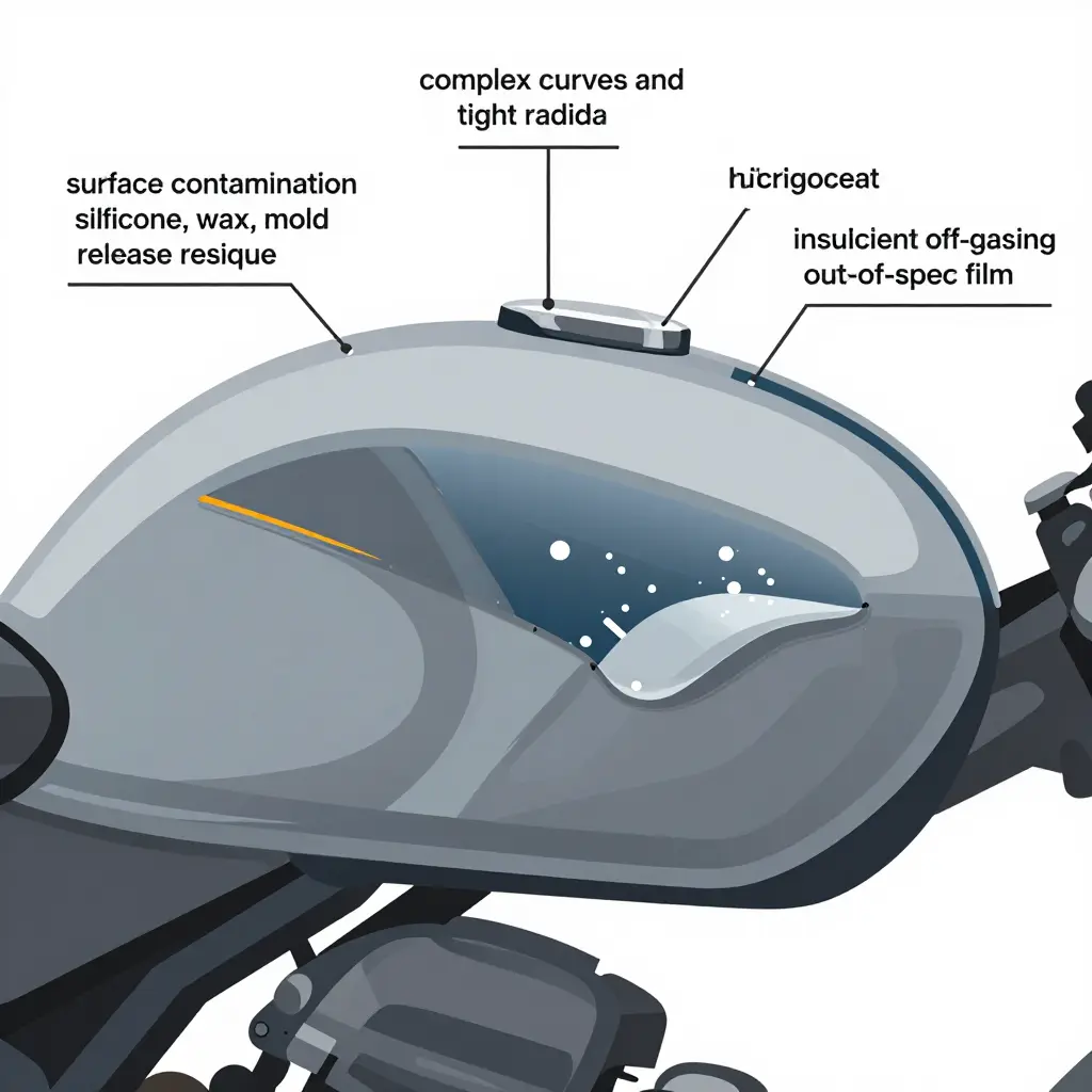 Cross-section diagram of a motorcycle fuel tank seam showing labeled causes of decal bubbling and peeling
