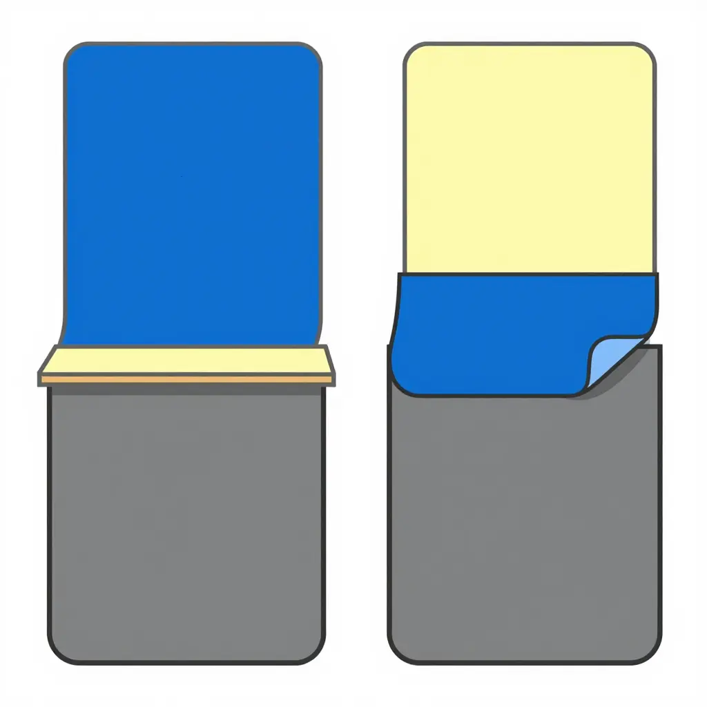 Flat 2D cross-section diagram showing a gray plastic panel base with a thin translucent mold release film on top and a blue vinyl adhesive layer unable to bond, next to a second state where the film is removed and the adhesive bonds directly to the plastic