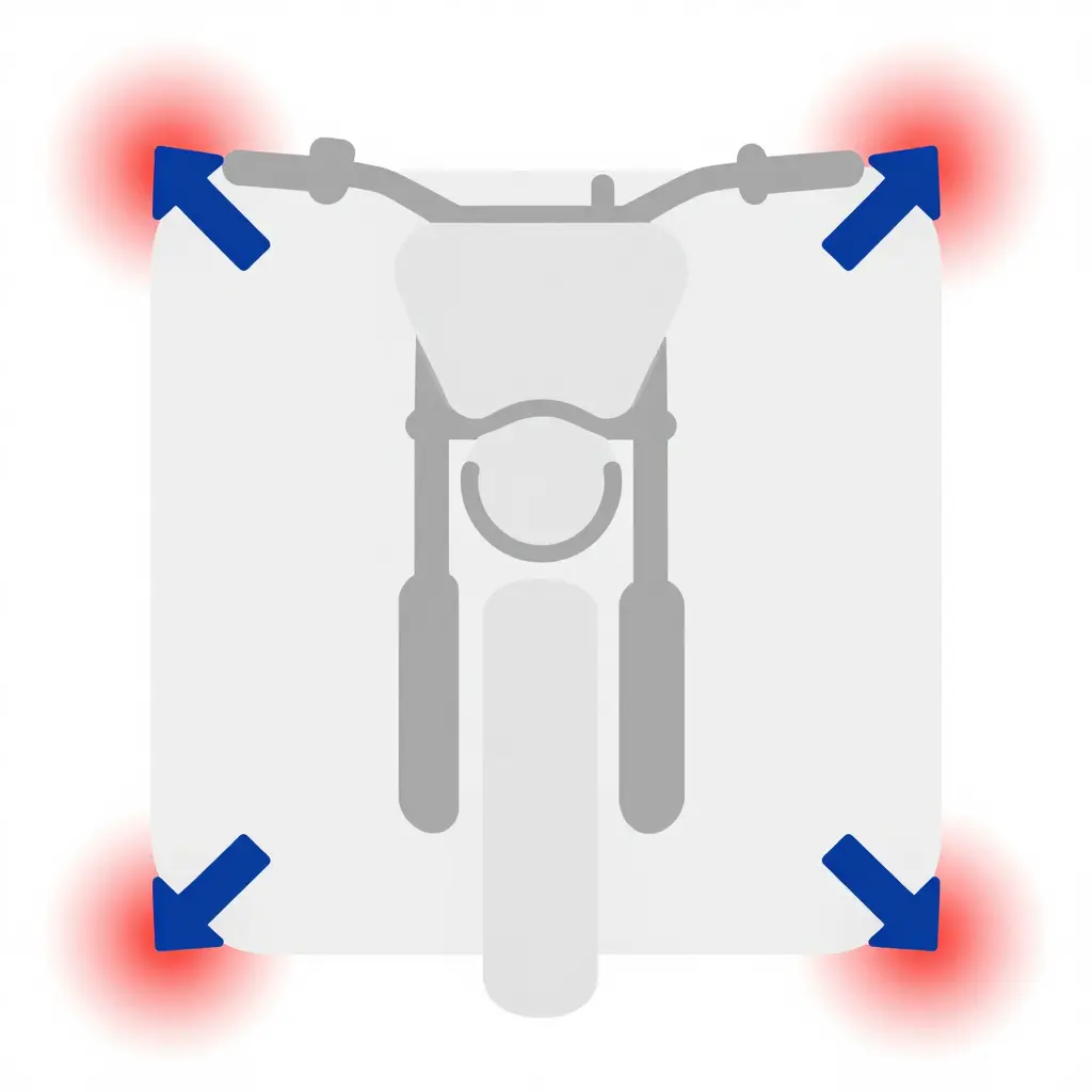 Flat-design 2D diagram of a generic dirt bike front number plate showing highlighted corner stress points and outward peel-direction arrows