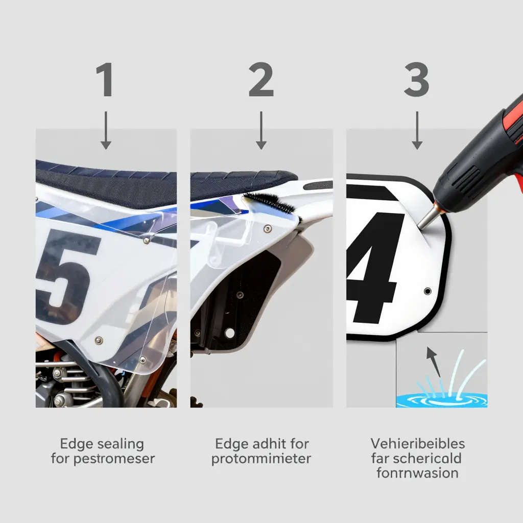 Edge sealing techniques for custom dirt bike graphics, showing overlaminate film, edge adhesion promoter and heat-gun sealing on a number plate corner