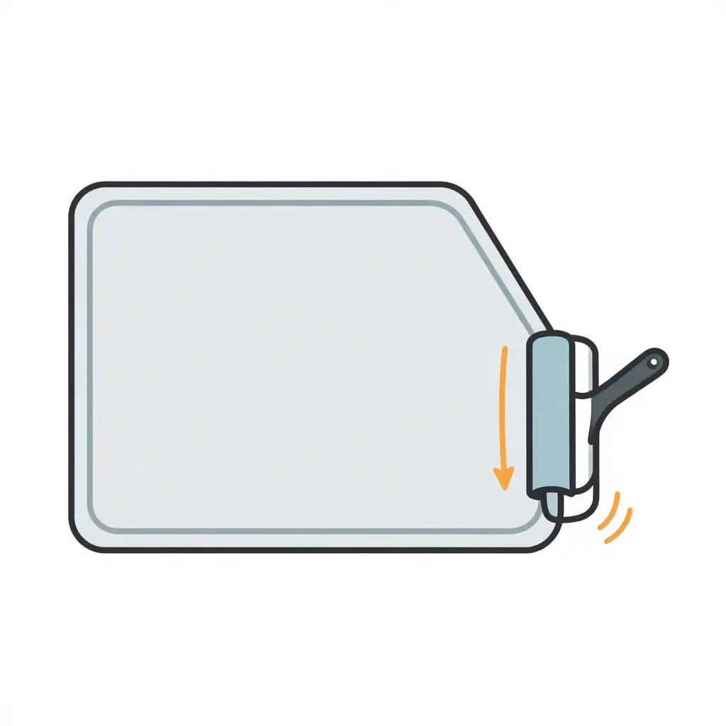 Simple 2D flat-design diagram of the edge sealing process: a rectangular graphic layer, an edge primer band running along its border, and a heated roller sealing the edge with motion arrows