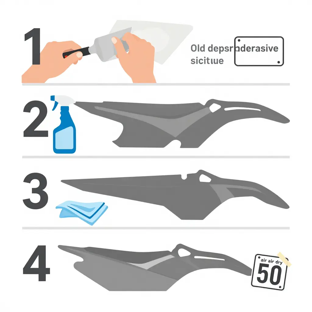 Four-step diagram showing how to strip old adhesive, degrease, wipe with isopropyl alcohol, and fully air dry a dirt bike plastic panel before reapplying graphics