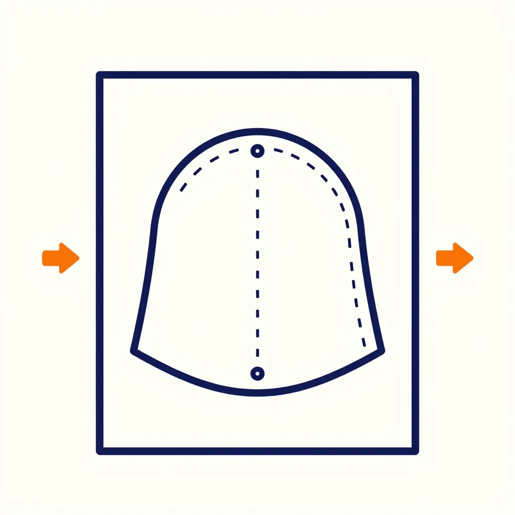 Flat 2D line-art instructional diagram of the shroud tracing process: a stylized shroud outline on a sheet of paper with a dashed traced edge, three small circular mounting holes marked as dots, and left/right orientation arrows.
