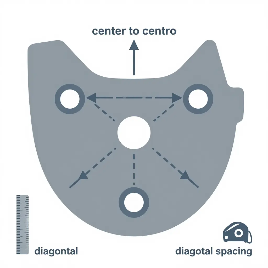 Labeled diagram of a dirt bike shroud showing center-to-center bolt spacing measurements between mounting holes